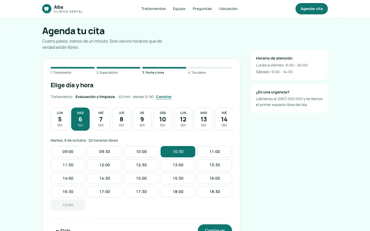 Paso de la agenda para elegir día y hora disponibles