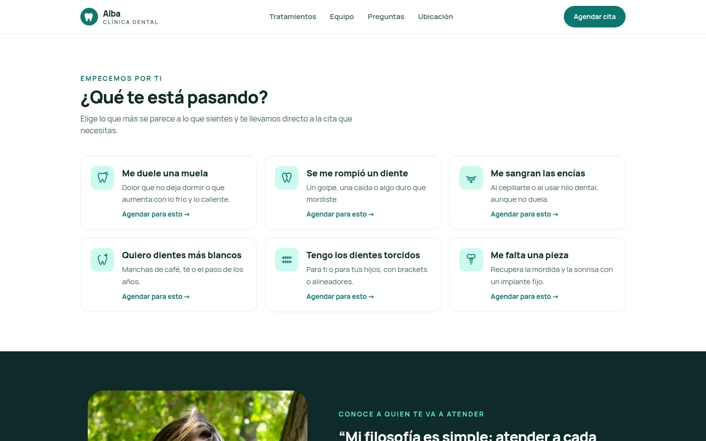 Sección “¿Qué te está pasando?” con seis problemas comunes