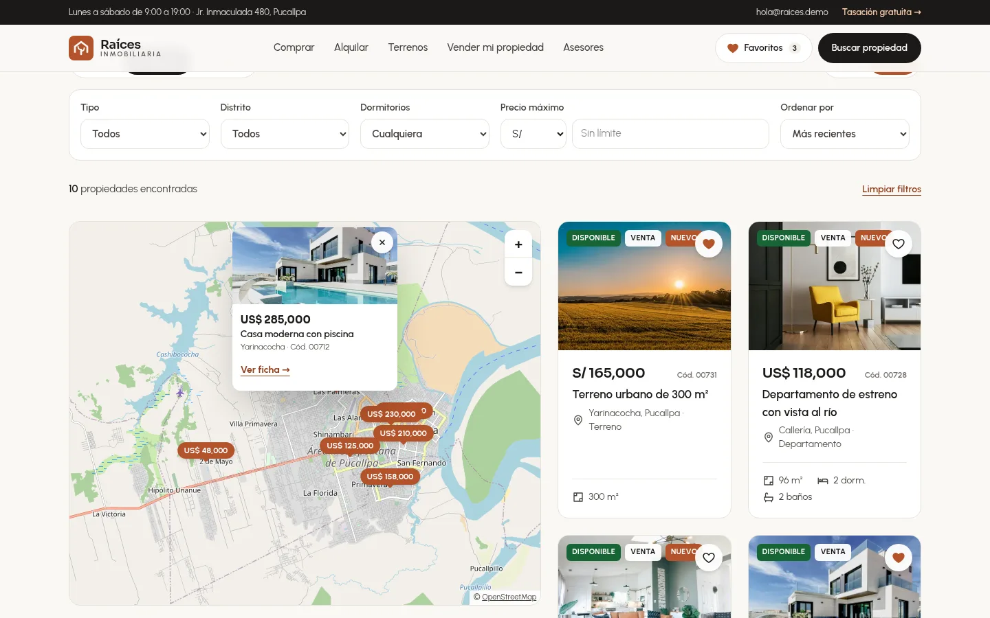 Buscador de propiedades en vista de mapa con precios sobre cada ubicación