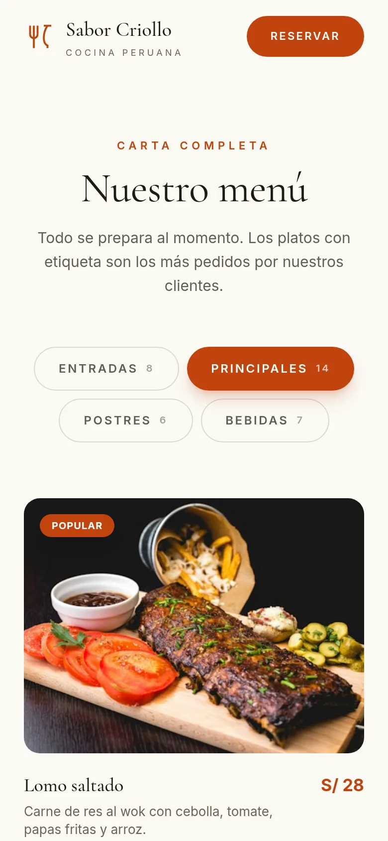 La carta del restaurante vista en un celular