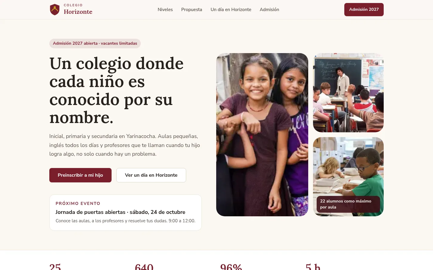 Página de inicio del demo Colegio Horizonte
